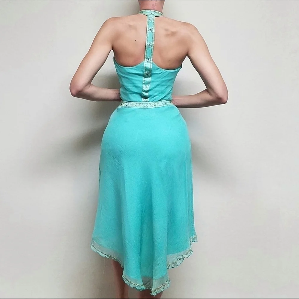 Vintage 90s Laundry by Shelli Segal Aqua Silk Chiffon Sequin T-Back Hi-low Dress - Picture 3 of 16